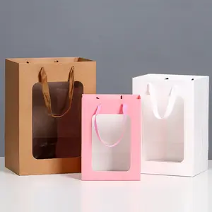 ถุงของขวัญที่มีหน้าต่างใสถุงของขวัญช่อดอกไม้โปร่งใสถุงกระดาษสิริสำหรับบรรจุของขวัญช้อปปิ้ง
