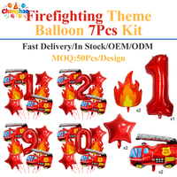 Lot de ballons en aluminium en gros sur le thème des pompiers de dessin animé, avec ballons numérotés flamme, pour la mise en scène de fêtes de maternelle