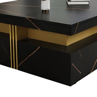 Table basse carrée moderne aspect marbre noir avec tiroirs de rangement, structure métallique, pour salon, salle à manger, hôtel, maison