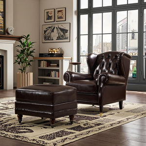 Fauteuil Wingback classique en cuir <span class=keywords><strong>marron</strong></span> <span class=keywords><strong>de</strong></span> luxe avec dossier capitonné profond et pieds en bois à pointe dorée pour salon ou bureau - Product Image 3