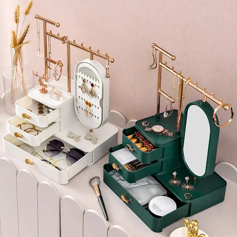 Organizador de joyas de lujo, caja de baratija, estante de joyería, soporte para pendientes, soporte de exhibición para collar con cajón de espejo giratorio