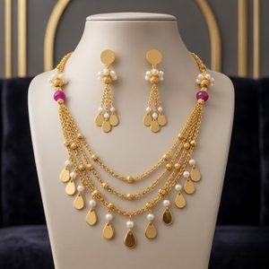 Parure de collier Mala italien en argent 925 plaqué or, chaîne perlée multicouche avec boucles d'oreilles pour femme, idéale pour les soirées - Product Image 4