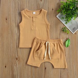 Conjunto de Ropa de Verano para Bebés y Niños Pequeños, 100% Algodón, Camiseta sin Mangas con Bolsillo y Pantalones Cortos, Marca OEM - Product Image 2