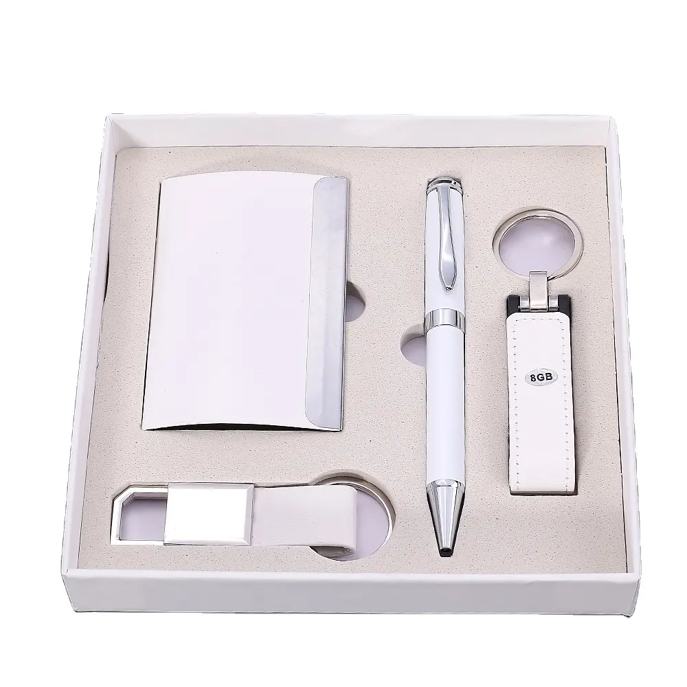 OEM Logo Rantai Kunci USB Putih, Tempat Kartu Bisnis dan Pena Hadiah Set untuk Hadiah Perusahaan Kantor