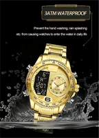 Montre à quartz lumineuse à la mode pour hommes 30M WR LED double affichage montre-bracelet analogique en acier inoxydable