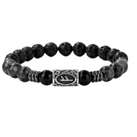 Bracelet Élastique Homme Tendance en Pierre de Lave 8mm et Labradorite Noire, Style Viking Runic, Charme Nordique Rétro