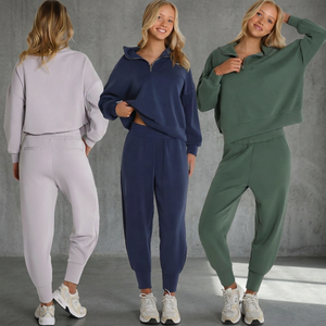 Hauts de sport et de yoga athlétiques pour femmes grandes tailles, de haute qualité, à manches longues, avec logo frontal uni, confortables, amples, 2 pièces avec fermetures éclair - Product Image 3