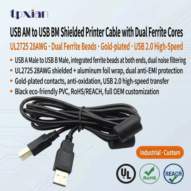 OEM USB AM to BM Dual Ferrite Shielded Cable UL2725 28AWG USB2.0 Printer CNC Equipment Data Wire