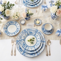 Assiettes de dîner en céramique bleu méditerranéen et blanc, bord festonné, service de vaisselle vintage en porcelaine, pour mariage, événement, assiette de présentation pour hôtel