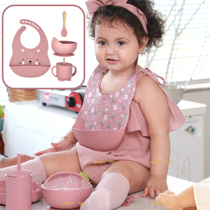 Baby Silicone Feeding Set Tableware Kit Bebe <b>Dining</b> Kit Print Pattern Bib Design Babero Bowl and Spoon With Straw Cup - Product Image 2