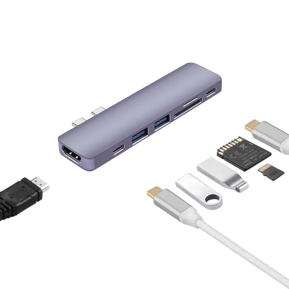 Mac Book Adapter 7 Port Hub Thunderbolt 3 Dual Type C Hub USB 3.0 Hub For Macbook Pro