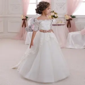 वास्तविक छवि सुंदर फूल लड़की कपड़े शादी नाव-गर्दन Tulle मंजिल लंबाई गेंद पजामा जूनियर वर पोशाक के लिए लड़कियों