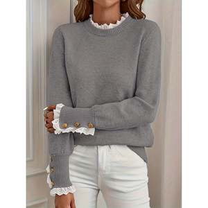 Suéter con Ribete de Encaje Gris Oscuro, Prenda de Punto para Mujer - Product Image 1