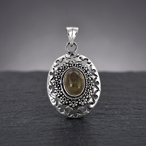 Art Palace Tibetan Silver Oval Pendant With Natural Stone Bezel Setting Vintage Style Unisex Fashion Jewelry - Product Image 2