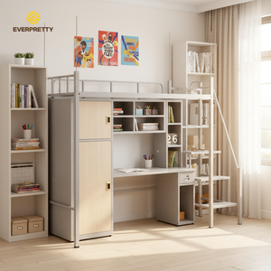 Ensemble de mobilier scolaire pour dortoir universitaire : <span class=keywords><strong>Lit</strong></span> superposé moderne en métal robuste avec échelle, armoire et bureau - Product Image 1