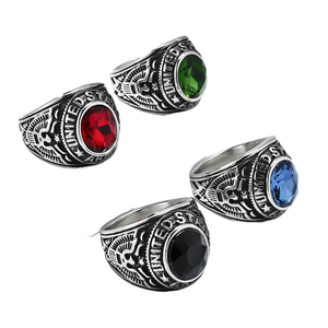 Bague d'emblème national américain vintage en acier inoxydable taillé en usine pour les hommes-armée marine avec pierre précieuse en verre d'aigle à tête blanche - Product Image 1