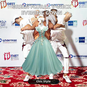 Tatlı çiçek baskı doğal bel kolsuz zarif yeşil saten A-Line balo v yaka kat uzunluk akşam balo kıyafetleri - Product Image 2