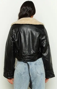 Veste polaire recadrée femmes veste en faux <span class=keywords><strong>cuir</strong></span> noir manteaux épais femmes hiver chaud fermeture éclair manteau court Onyx PU veste pour femmes - Product Image 3