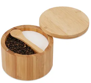 Bambus Salz und Pfeffer Schüssel Box Keller, eingebauter Löffel, zwei Fächer Gewürz gewürz behälter, Meersalz Keller halter