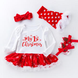 Ensemble de tenues de Noël pour bébé fille Robe barboteuse à manches longues avec imprimé flocon de neige Bandeau assorti Jambières et chaussures à pois - Product Image 1