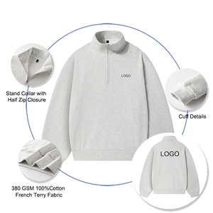 Regular Fit Design Unisex Solid Color 380GSM Cotton <strong>Jumpers</strong> Half Zip-up Closure Stand Collar Polo <strong>Shirts</strong> Sweatshirts - Product Image 2