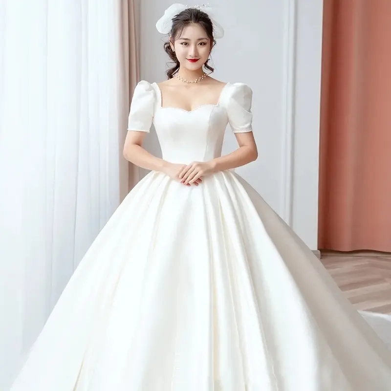 ZX-2242 Satin wedding dress new bride small line shoulder temperament train cover thick arms simple