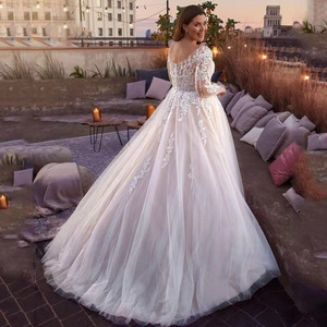 Elegant V-Neck Long Sleeve Tulle A-Line Wedding Dress With Lace Applique Natural Waistline Vintage Style - Product Image 3