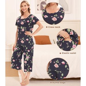 Vêtements de nuit pour femmes, pyjamas personnalisés en viscose de bambou pour femmes, ensemble de pyjama à manches courtes à fleurs avec pantalon capri, ensembles de vêtements de nuit respirants - Product Image 3