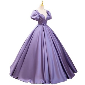 Purple Long Skirt Performance Dress Deep V Neck Puffy Sleeve Women Stage Wear - Product Image 5