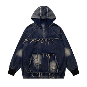 Mode Casual Loose Denim Hoodie Wasteland Style Long Tricoté Tissu Lavé Couture - Product Image 2