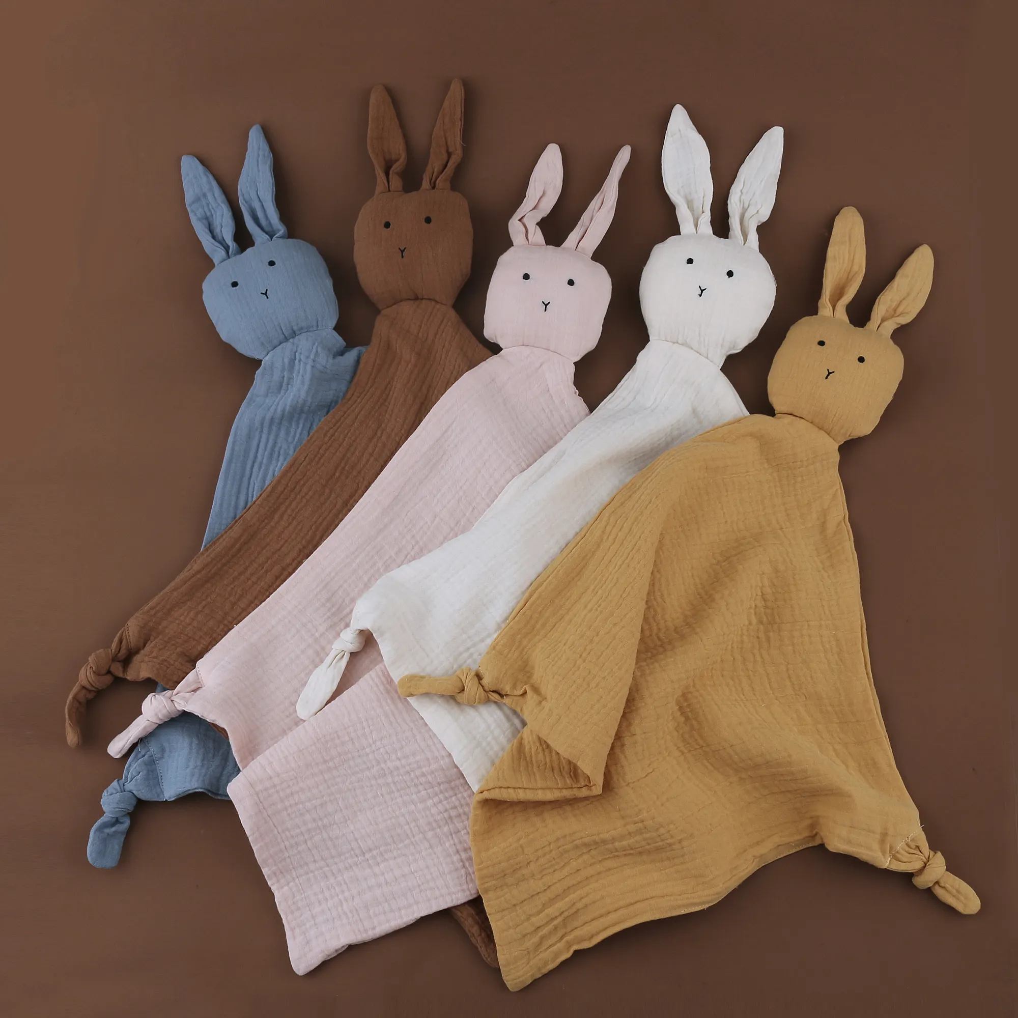 Bán Buôn Hữu Cơ 100% Bông Muslin Vải Comforter Khăn Nhồi Bông Crochet Bunny Nhẹ Nhàng Bé An Ninh Trẻ Em Chăn Đồ Chơi