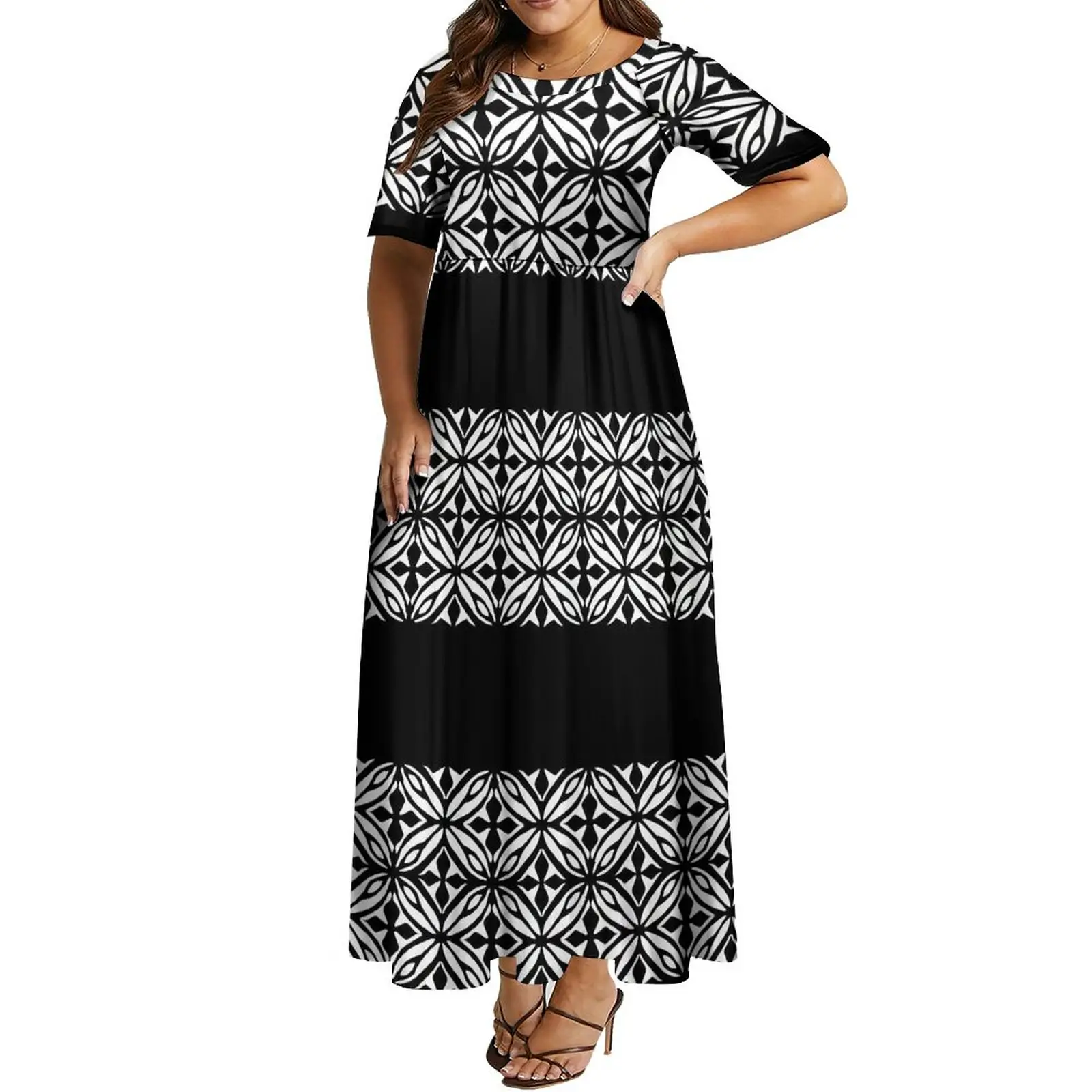 Impression à la demande personnalisée grande taille femmes Maxi robes décontractées noir blanc Tapa imprimer robes de soirée polynésiennes Vestidos Elegante