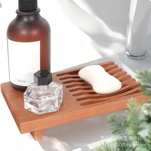 Wooden Soap <b>Dish</b> Rectangular Self Drain Minimalist Bathroom Storage <b>Rack</b> Brown Black - Product Image 1