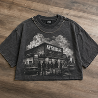 Produsen ODM TaiDe Kaos Crop Katun 280GSM Acid Wash dengan Cetakan Grafis Pemandangan Malam After Hours, Label Pribadi Streetwear Pria