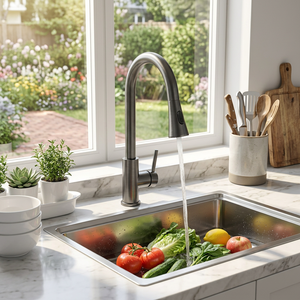 Modern Single Handle Kitchen Faucet Blackened Brass Deck <b>Mounted</b> Pull Down <b>Spray</b> Contemporary Design - Product Image 2