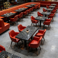 Table carrée en pierre frittée, chaise en cuir, banquette rouge capitonnée en U, mobilier de restaurant – Vente directe usine Ron Group