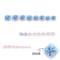 Superbe design floral bleu 3D 3817 pour ongles d'orteil, avec fleurs délicates, faux ongles à presser, ongles artificiels personnalisables