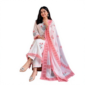 Conjunto de Traje Anarkali de Algodón Blanco de Lujo con Estampado Floral Rosa, Kalidar, Kurta, Pantalón, Dupatta, para Uso Diario, Festivo, Indio, Pakistaní - Product Image 1