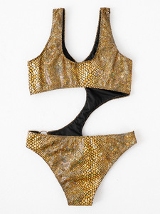 2022 Ins estilo moda mujer traje de baño Sexy cuello en V ahueca hacia fuera una pieza <span class=keywords><strong>Bikini</strong></span> oro Sexy aro decorar mono ropa de playa - Product Image 6