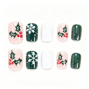 Uñas Postizas Color Verde Oliva con Textura de Suéter y Copos de Nieve Brillantes para Navidad, Otoño, Invierno, Salón y Uso Diario - Product Image 4