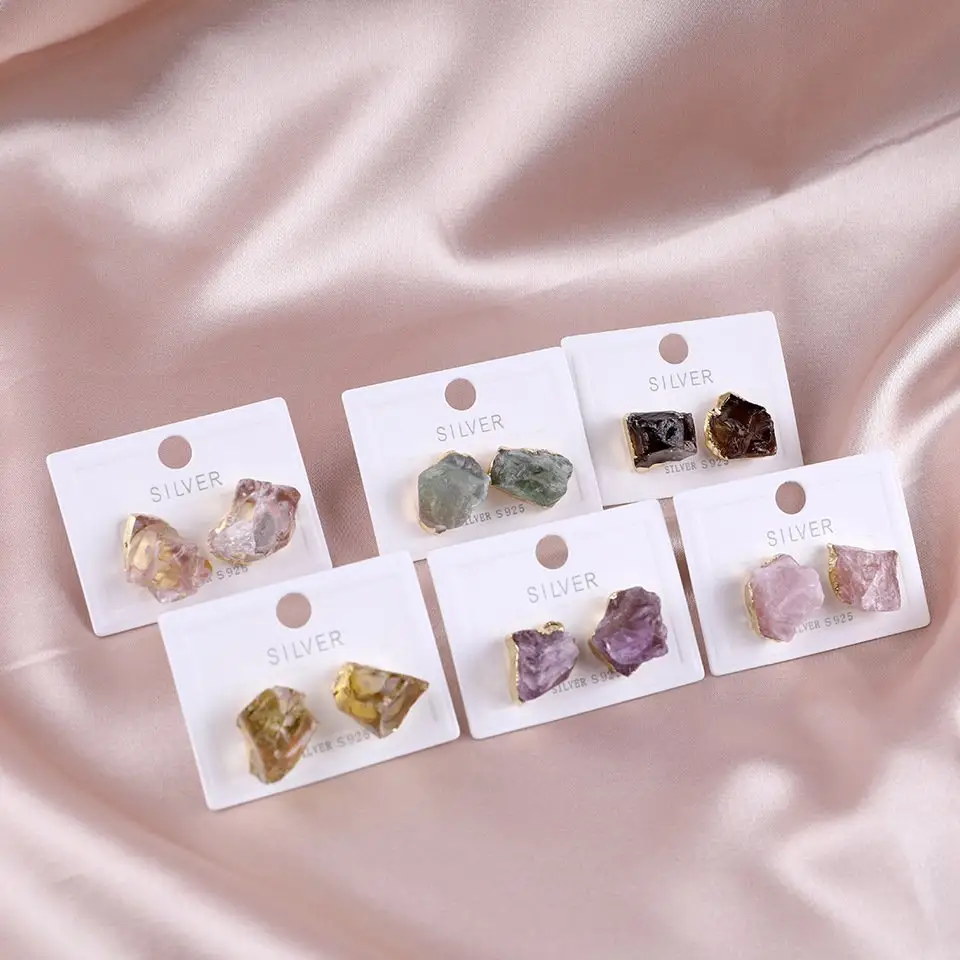 2022 Mode Emas Disepuh Buatan Tangan Batu Alam Amethyst Anting Perhiasan Studs Wanita Gemstone Rose Quartz Anting Kristal Mentah