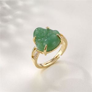 Hot Fashion Elegant Gold Plated Open <b>Adjustable</b> <b>Ring</b> Wholesale Trendy Charm Zircon Jade Maitreya Buddha <b>Ring</b> for Women - Product Image 1