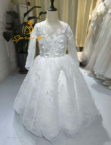 S2377N 2026 Nuovo Stile <span class=keywords><strong>Abito</strong></span> da Damigella Bianco in <span class=keywords><strong>Tulle</strong></span> Soffice a Maniche Lunghe con Fiori 3D per Compleanno e Matrimonio - Product Image 1