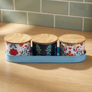 Floral Metal Spice <b>Containers</b> With Wooden Lids Airtight Food <b>Storage</b> Set <b>For</b> <b>Kitchen</b> Use - Product Image 1