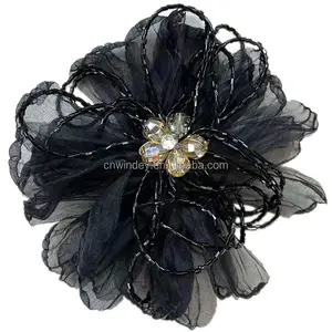 New Wholesale Black Fashion Custom crystal 3d Rose Flower Sew On Patch Embroidery For Clothing Bag