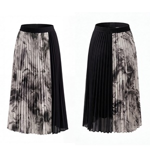 Pleated Midi <b>Skirt</b> Women <b>Elastic</b> <b>Waist</b> Digital Print Chiffon Mesh Ankle-Length Black Gray Pattern Soft All Seasons Wear - Product Image 5