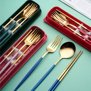 Korean-Style Convenient Tableware Stainless Steel Cutlery Gold Chopsticks Spoon Fork 3Pcs Set Student Travel Flatware Sets - Product Image 5