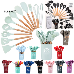 2024 nóng bán tùy chỉnh 12 cái Silicone đồ dùng nhà bếp với tay cầm bằng gỗ 12 cái công cụ nấu ăn Thìa bộ - Product Image 2