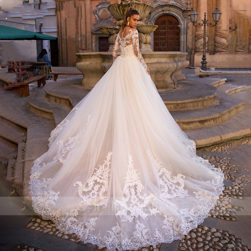 princess lace princess wedding dresses Cinderella Princess Wedding Dresses Fairy Ball Gown with Illusion Neck –  Viniodress main image 1