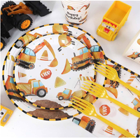 Kit de vaisselle et décorations pour fête d'anniversaire de garçon sur le thème de la construction : assiettes en carton, gobelets, serviettes, nappe, fourchettes, bannières suspendues, drapeaux, guirlandes et fournitures